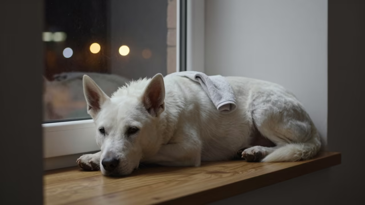 Volpino Italiano on Window Seat at Dusk in on a window seat in a quiet apartment with soft side light near Ferkessédougou
