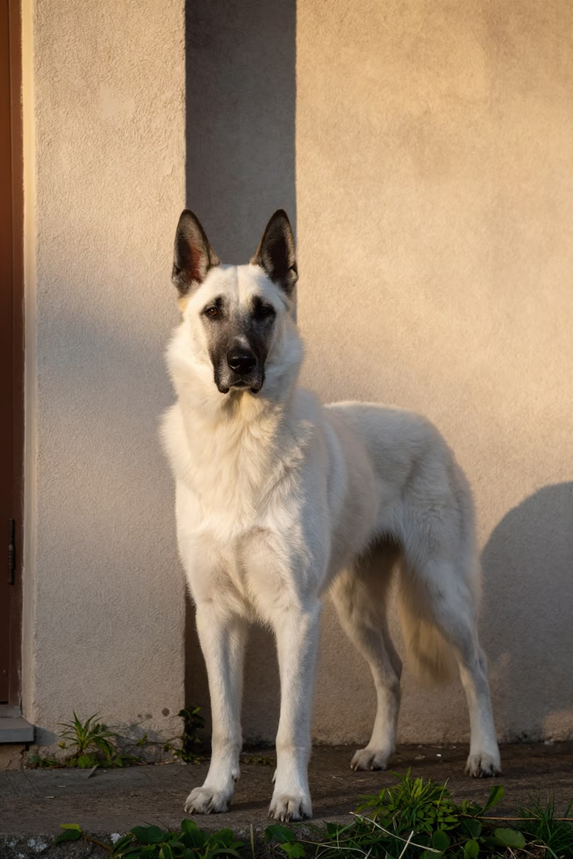 Volpino Italiano Portrait in Darwin Courtyard Light in beside a plain courtyard wall in clear daylight with the animal at eye level in Darwin