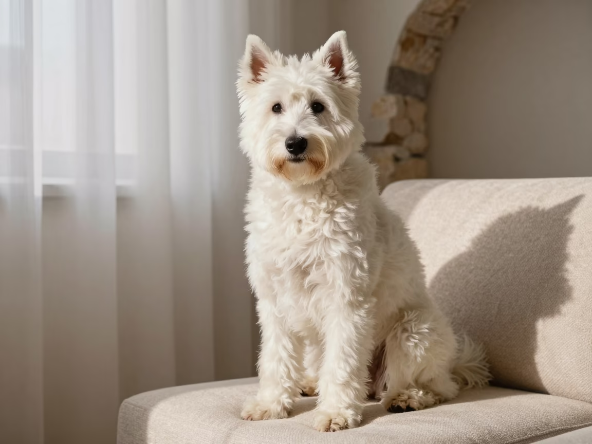 Volpino Italiano Portrait on Cappadocian Sofa in on a sofa near a curtained window with calm indoor light in Cappadocia
