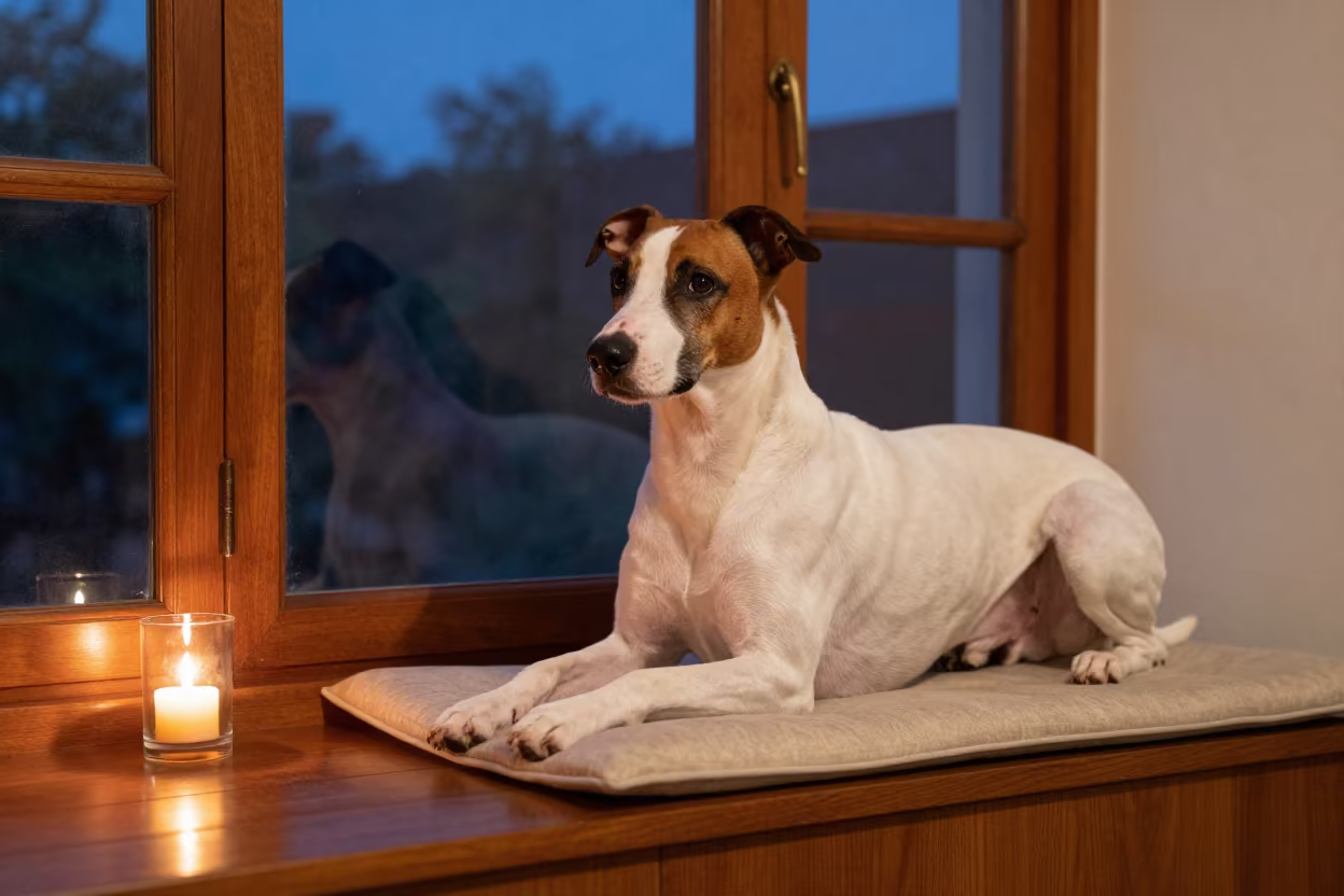Volpino Italiano Portrait on Mumbai Window Seat in on a cushioned window seat with soft side light and an uncluttered background in Mumbai