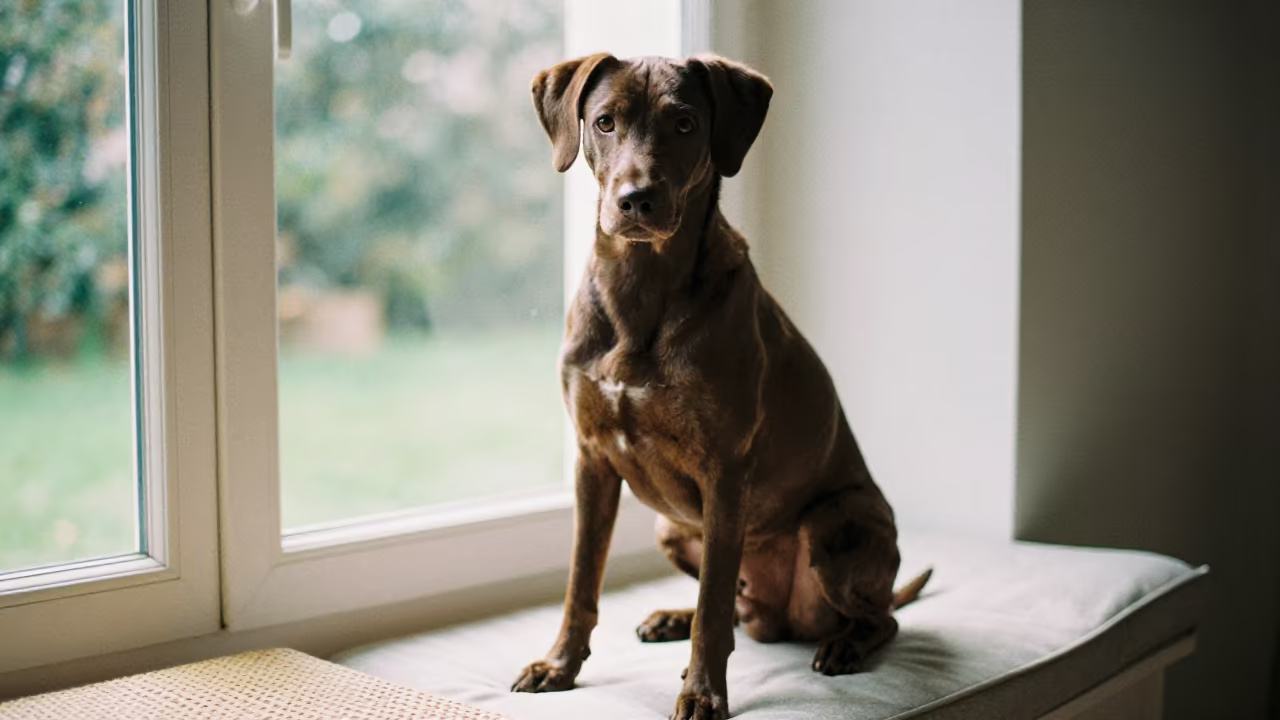 Volpino Italiano Portrait on Window Seat in on a cushioned window seat with soft side light and an uncluttered background near Paraty