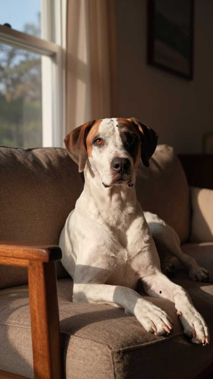 Volpino Italiano Portrait with Copper Dusk Light in on a sofa near a curtained window with calm indoor light near Pétion-Ville