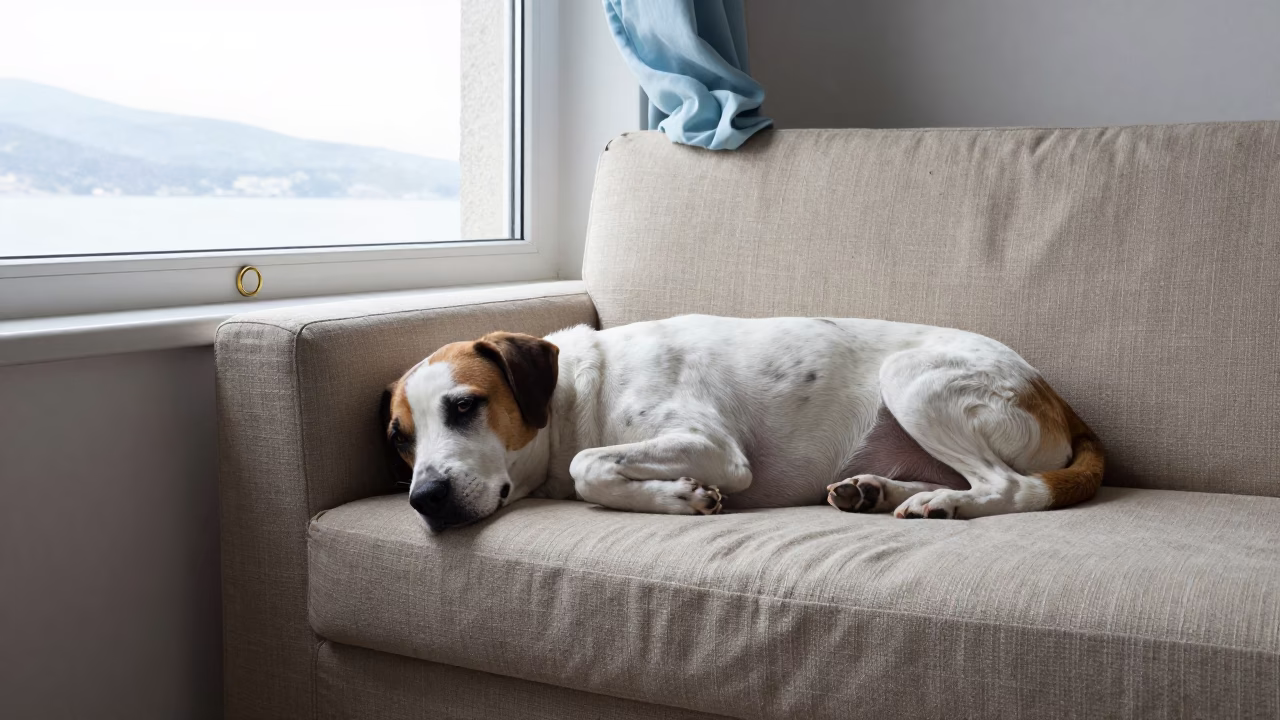 Volpino Italiano resting on linen sofa near Bodrum window in on a linen sofa with daylight from a nearby window near Bodrum