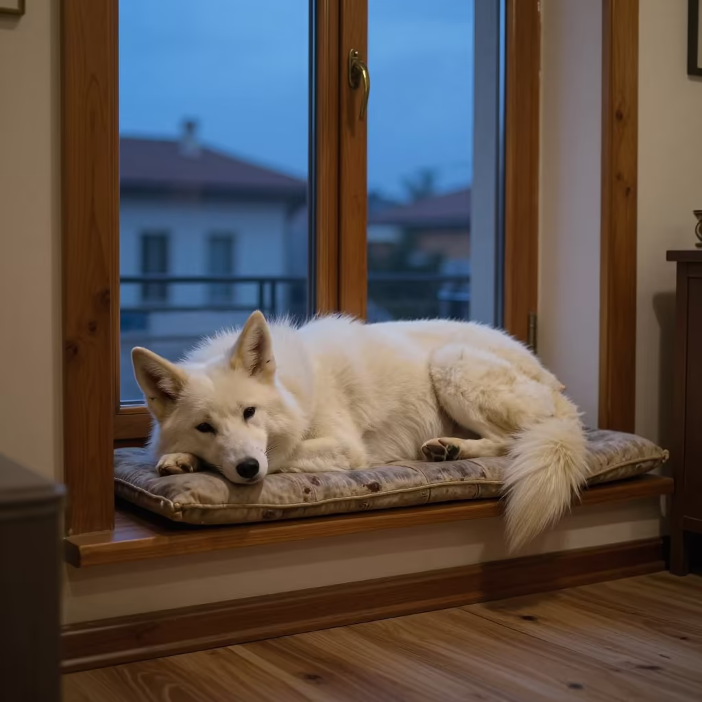Volpino Italiano Resting on Window Seat Twilight in on a window seat in a quiet apartment with soft side light in Şanlıurfa