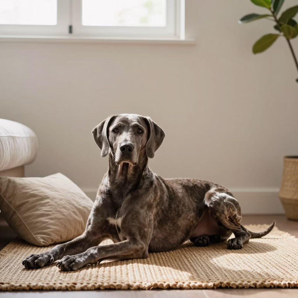Volpino Italiano Resting on Woven Rug in on a woven rug beside a low couch and an uncluttered wall near Bingerville
