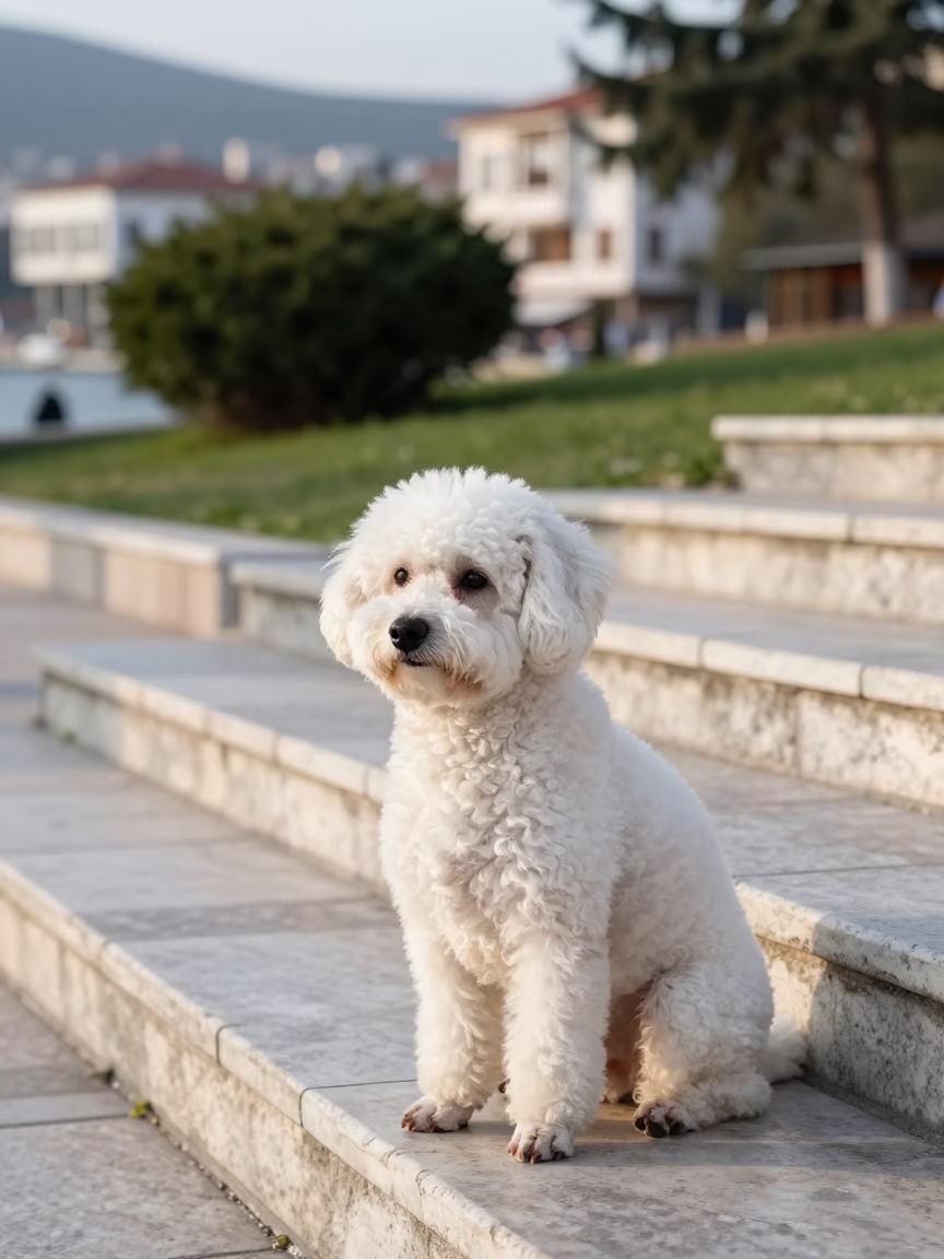Volpino Italiano sitting on stone steps near Kordon promenade in Izmir Turkey early afternoon in in Izmir, Turkey