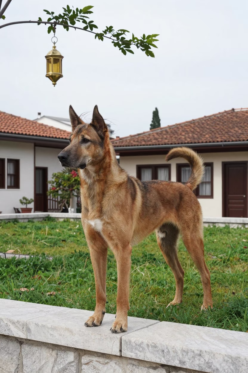 Volpino Italiano Standing in Besiktas Yard in in a small yard with clipped grass, calm light, and the animal centered in frame in Besiktas, Istanbul