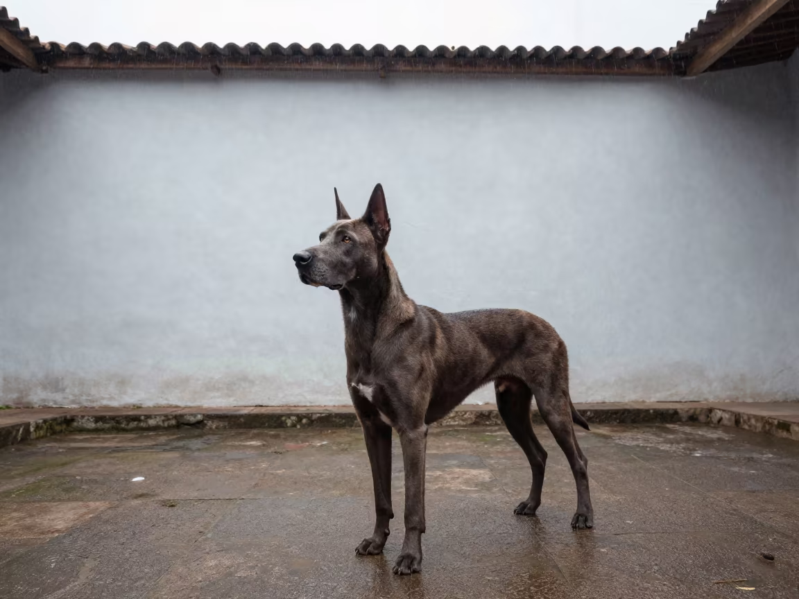 Volpino Italiano Standing in Piura Courtyard in beside a plain courtyard wall in clear daylight with the animal at eye level near Piura