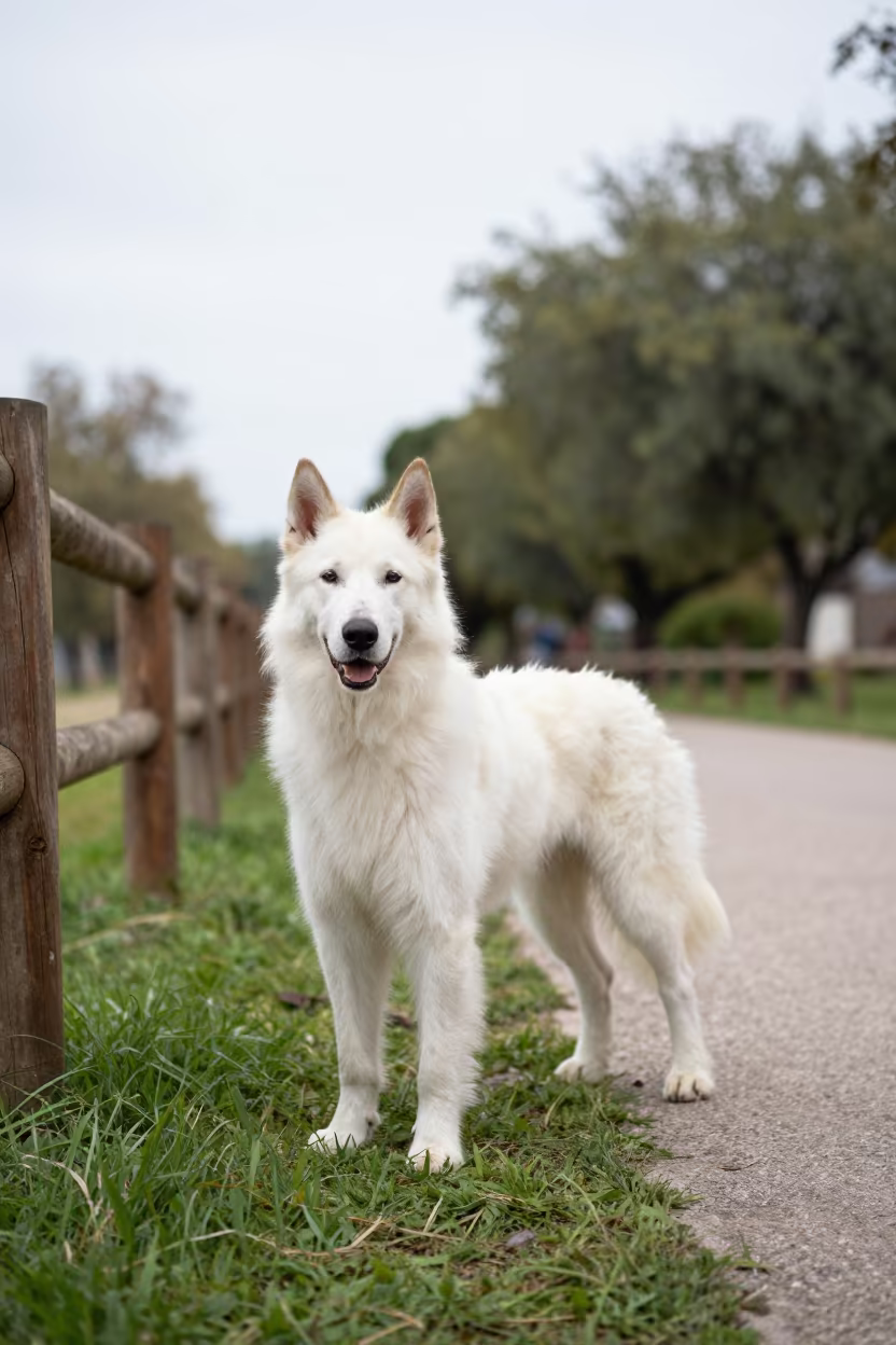 Volpino Italiano Standing Quietly in Cordoba Park in along a quiet park path with soft open shade and a clean background in Cordoba Argentina