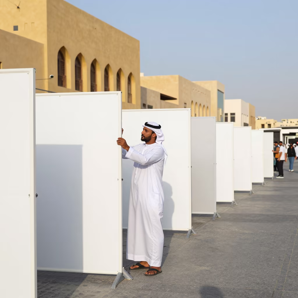 Volunteer Adjusts Privacy Screens at Dubai Polling Station in along barricaded protest routes in Gold Souk, Dubai