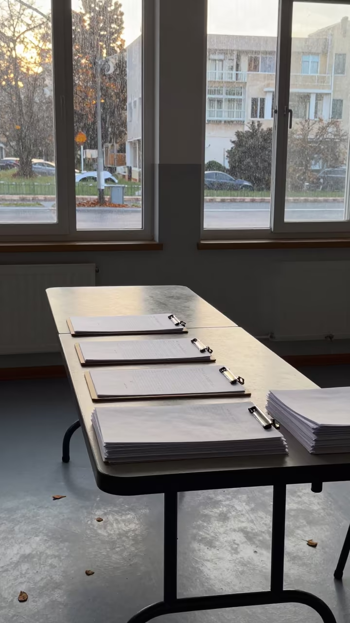 Volunteer Clipboard Table Before Dawn Rally in inside a polling station gymnasium in Rishon LeZion