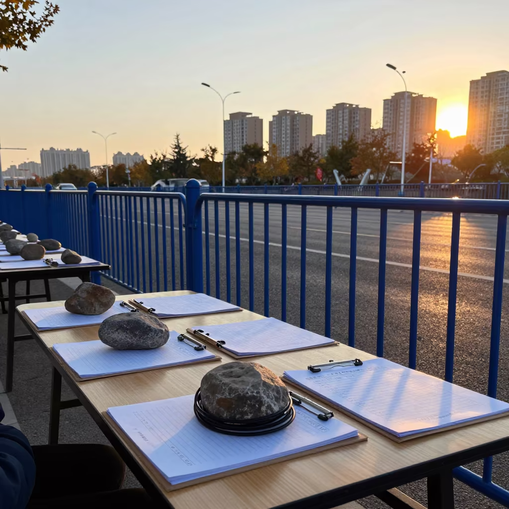 Volunteer Clipboard Table at Sunset Protest Route in along barricaded protest routes near Zhengzhou