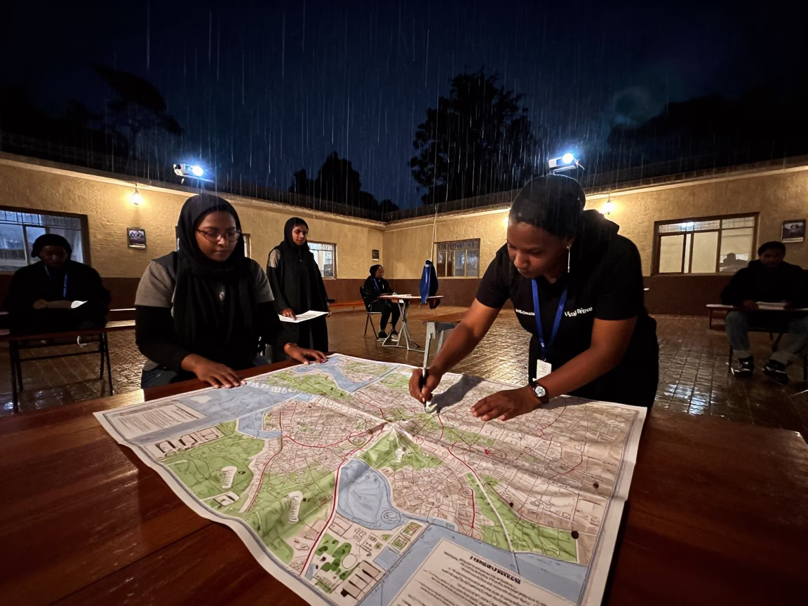 Volunteer Highlights Addresses on Map in Mekelle Hall in in a community center hall near Mekelle