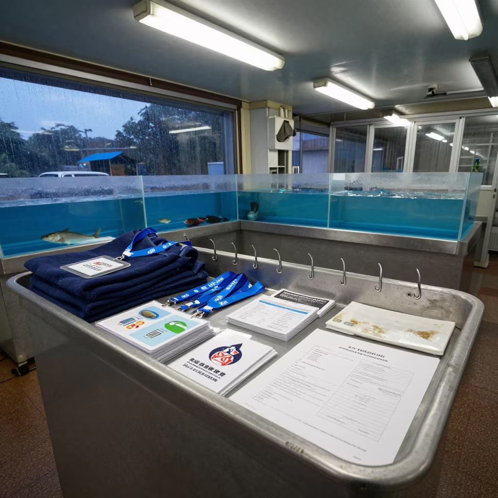 Volunteer Lanyard Checkout Tray Before Dawn in inside a fish bagging counter zone near Guangzhou