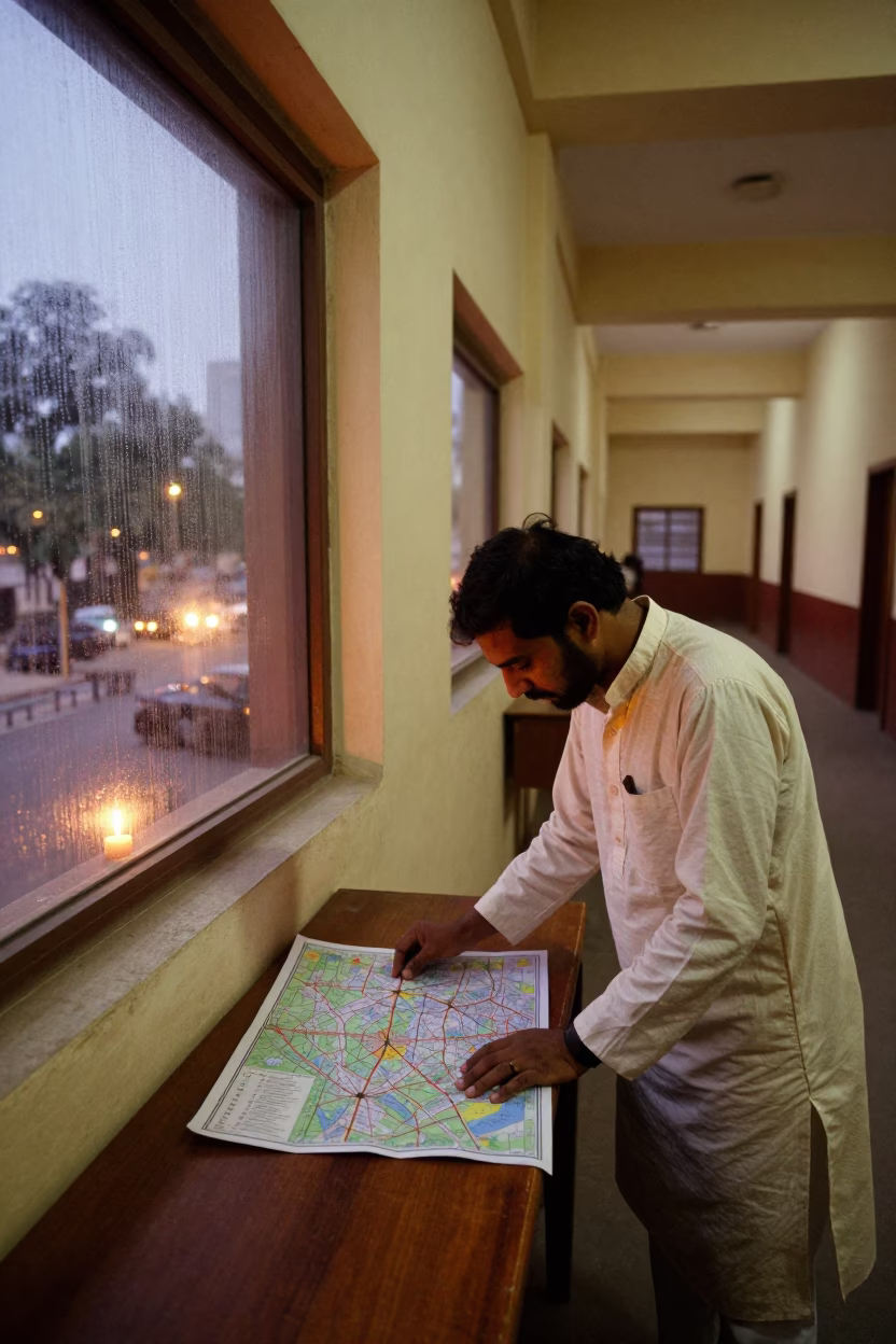 Volunteer Marking Addresses on Map in Courthouse Corridor in in a courthouse corridor near Delhi