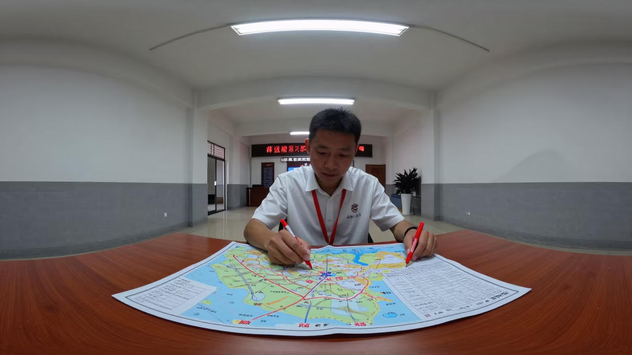 Volunteer Marks Addresses on Map in Xiamen Hall in in a fluorescent town hall meeting room in Xiamen