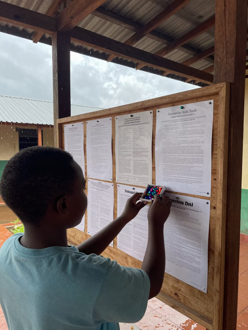 Volunteer Pinning Notices on Community Board in in a community center hall in Zanzibar