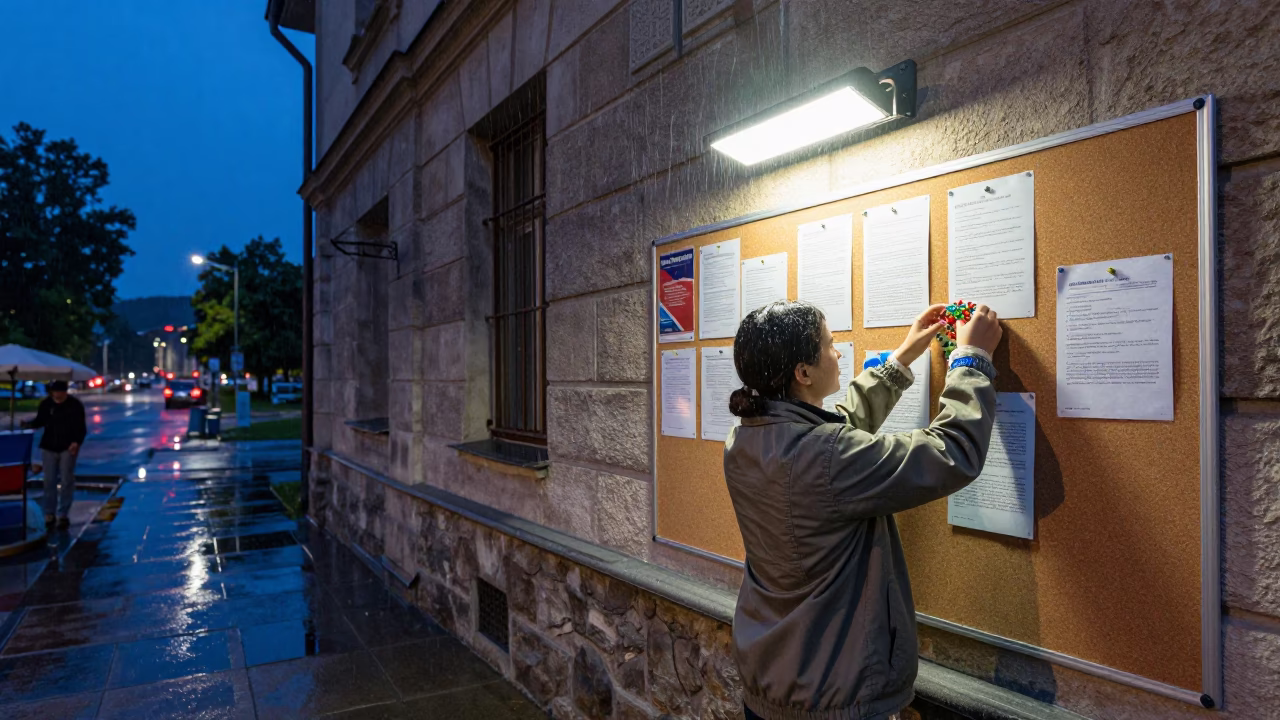 Volunteer Pinning Notices Under Government Floodlights in beneath government building floodlights in Nis