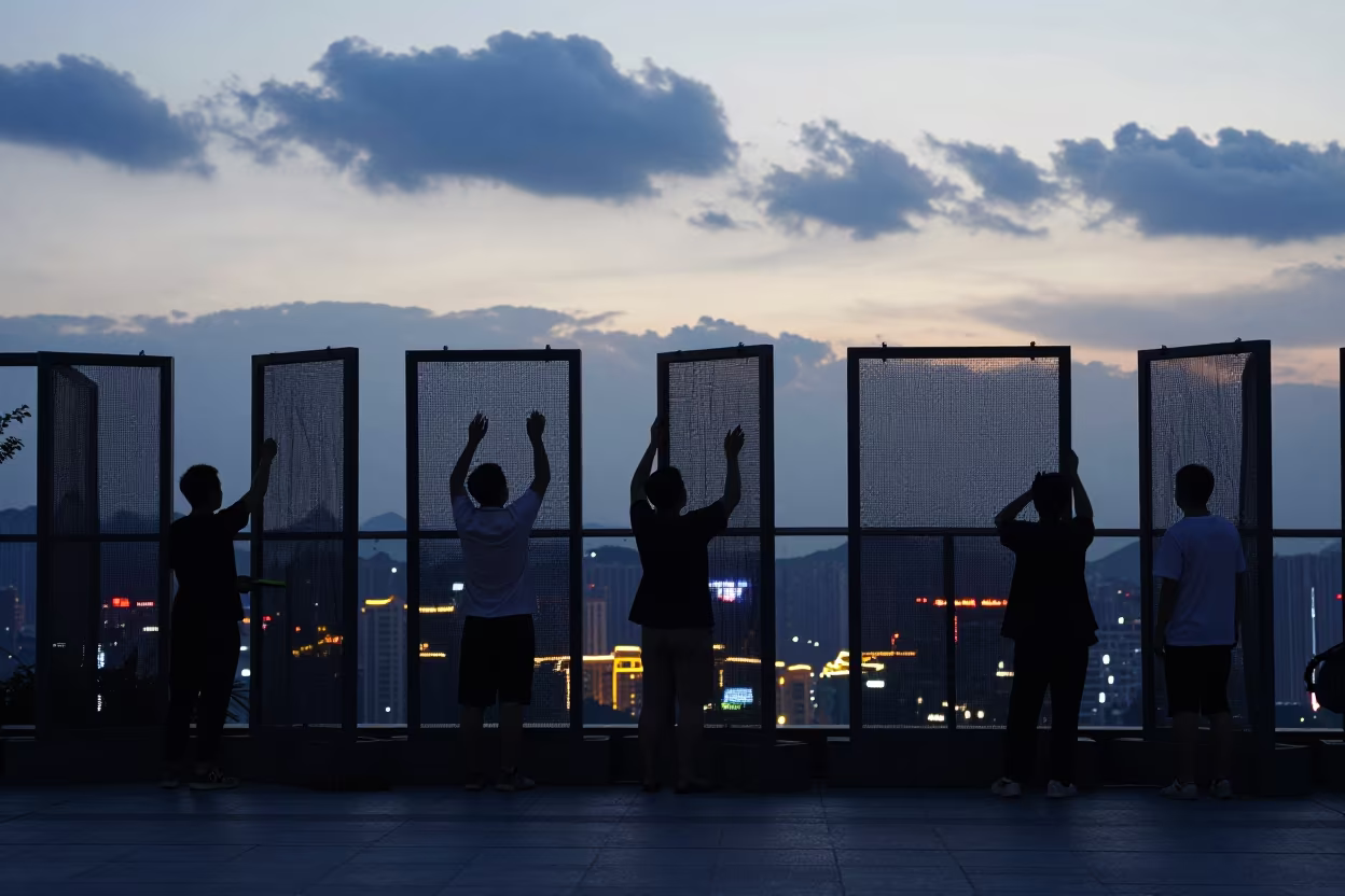 Volunteer Adjusts Privacy Screens at Zhangjiajie Square in in a public square in Zhangjiajie