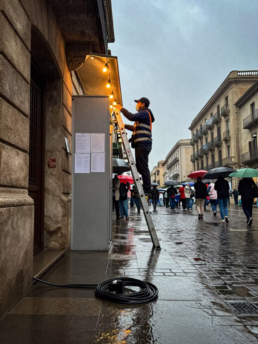 Volunteer Stringing Lights at Barcelona Polling Station in outside a polling station entrance near La Boqueria, Barcelona