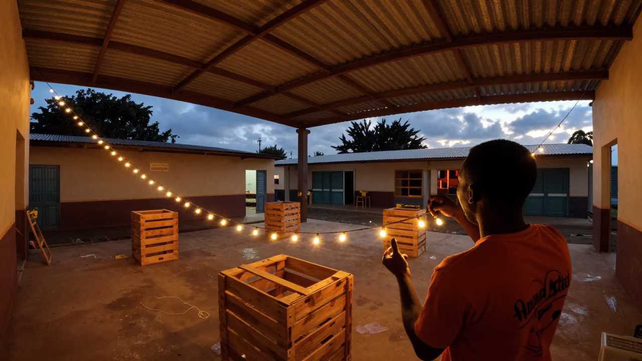 Volunteer Stringing Lights in Conakry Hall in in a community center hall in Conakry