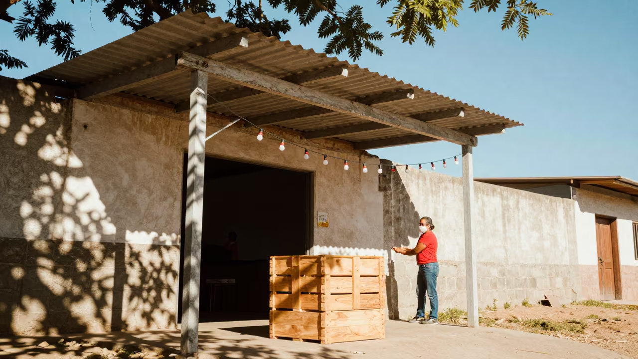 Volunteer Stringing Lights Outside Polling Station in outside a polling station entrance near Retalhuleu