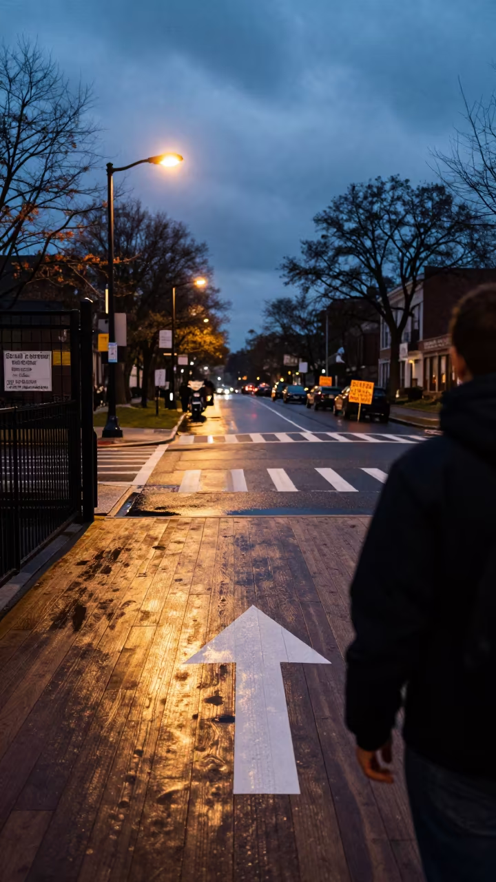 Volunteer Taping Arrows at School Gate Twilight in at a crosswalk by a school gate near New York