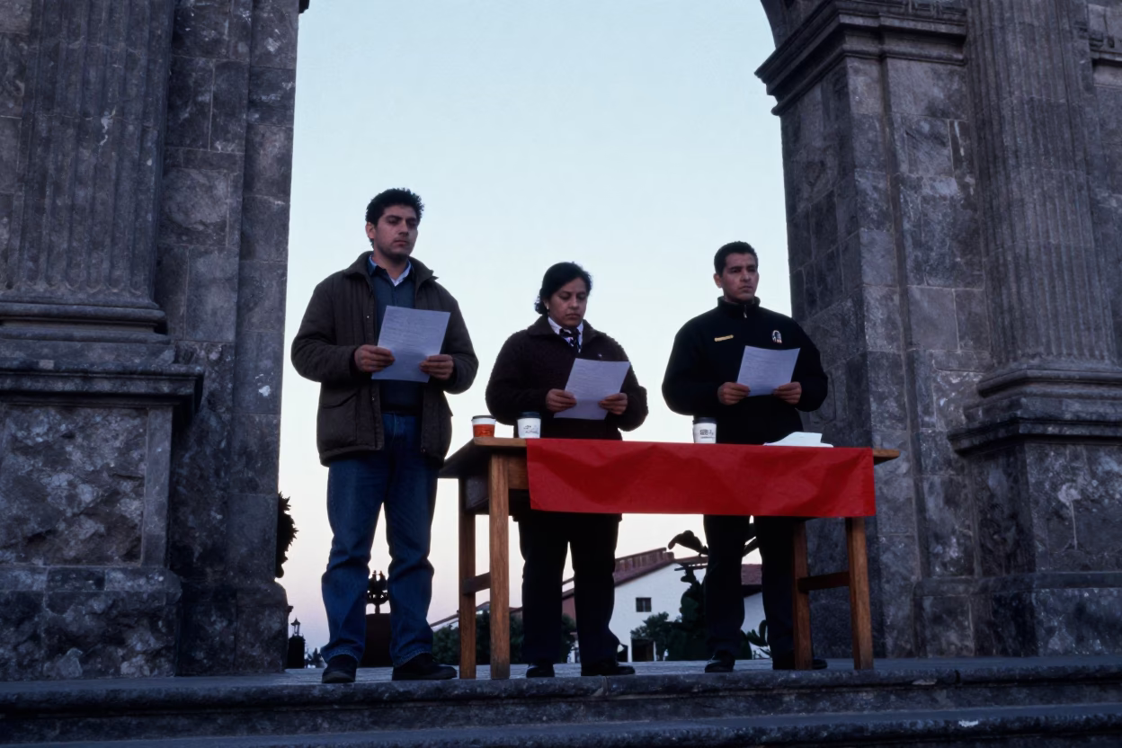 Volunteers at Courthouse Steps in Predawn Light in inside a council chamber near Guadalajara
