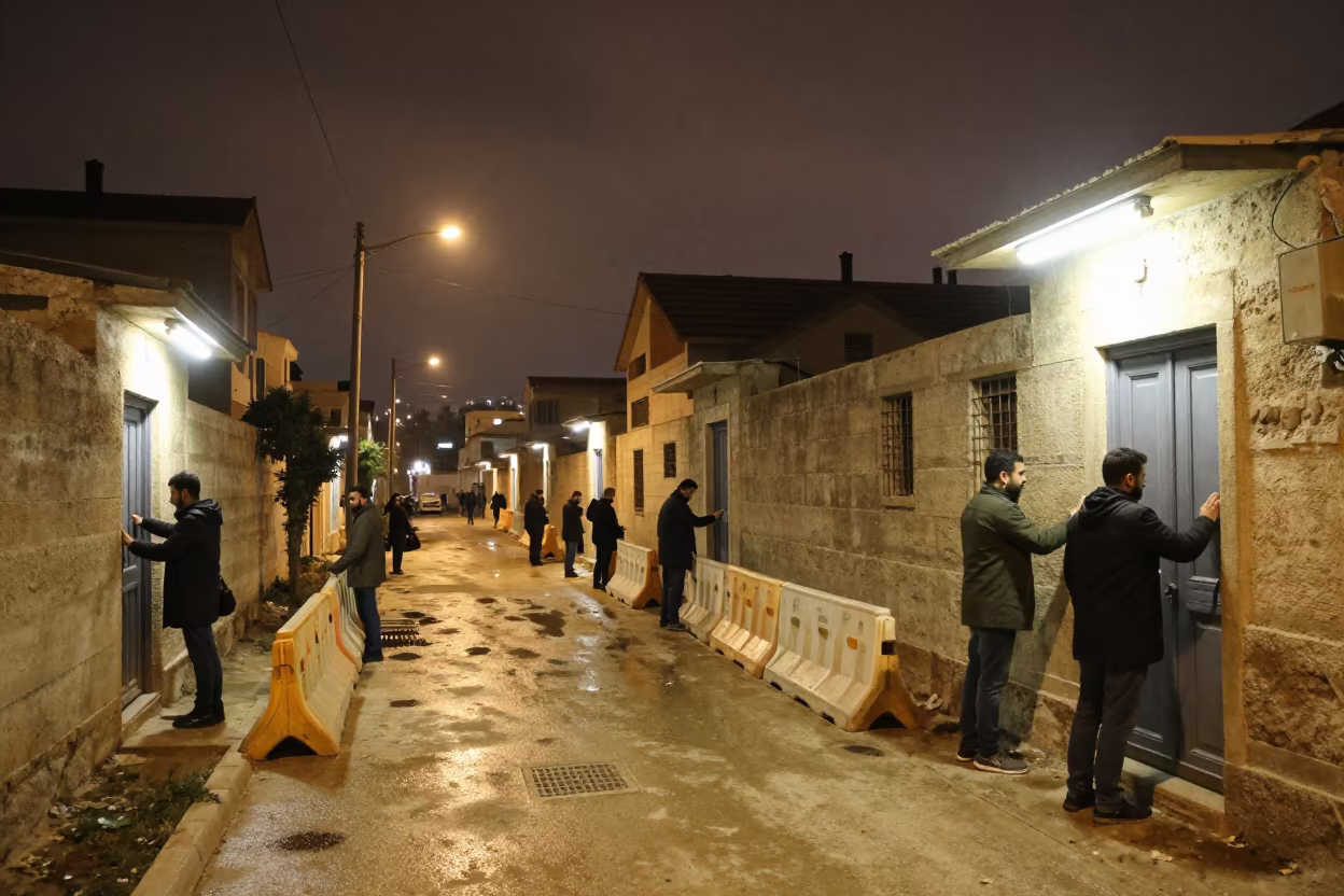 Volunteers Knocking Doors Under Night Fluorescence in along barricaded protest routes near Idlib
