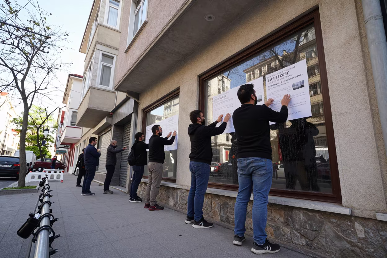 Volunteers Taping Posters Wet Window Istanbul in along barricaded protest routes in Istanbul