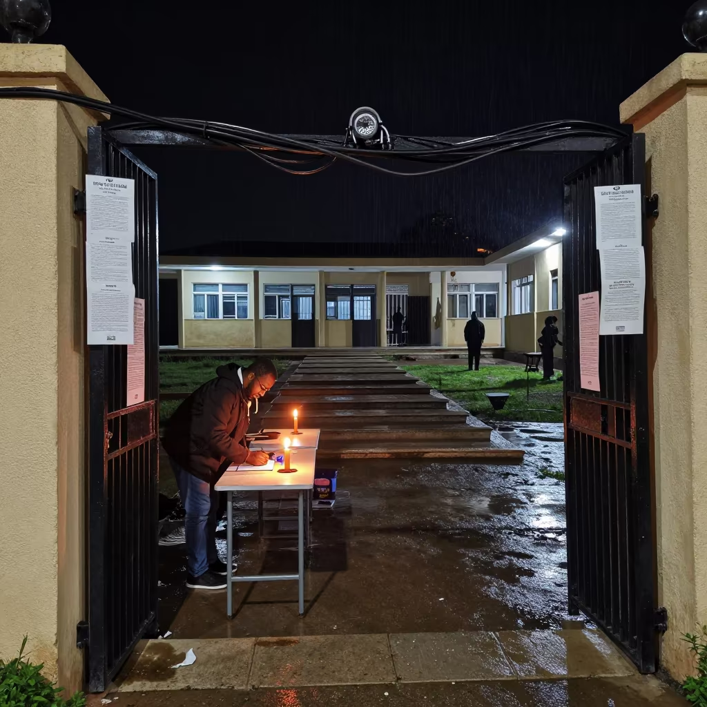 Voter Check-in Under Candlelight Near Batna School Gate in at a crosswalk by a school gate near Batna