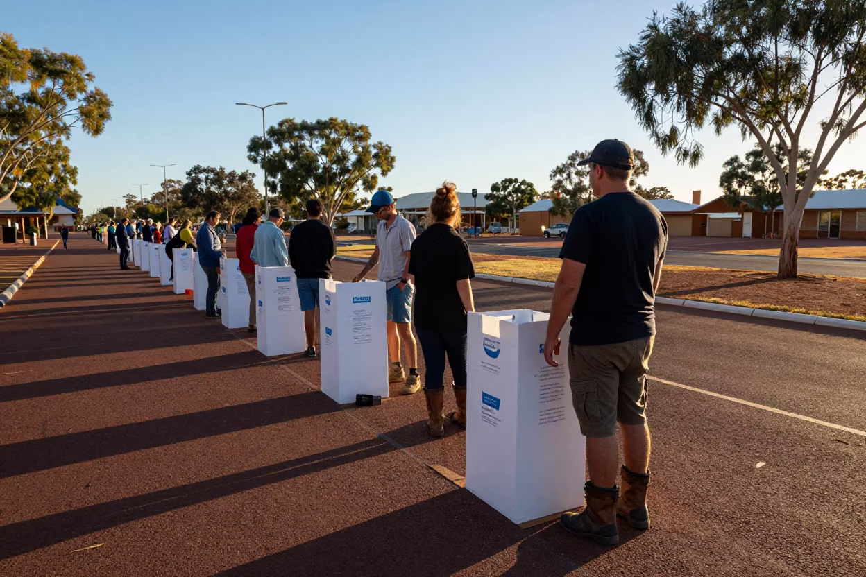 Voters in Boots at Dawn Polling Alice Springs in in a public square in Alice Springs