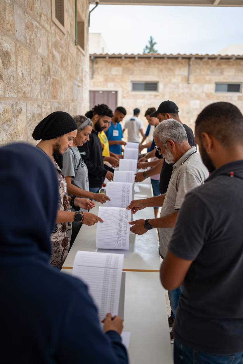 Voters Check Names at Biskra Polling Station in inside a polling station gymnasium near Biskra