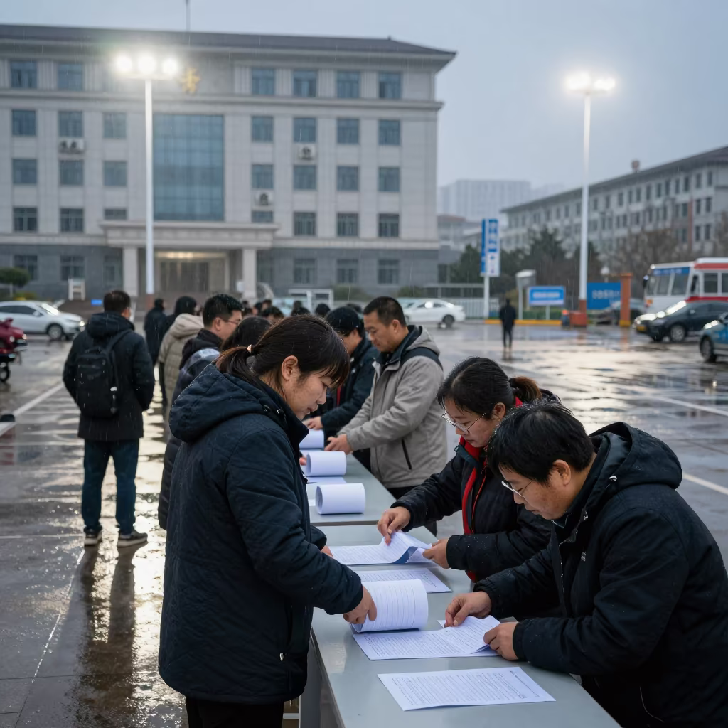 Voters Check Names Under Floodlights in Xining in beneath government building floodlights in Xining