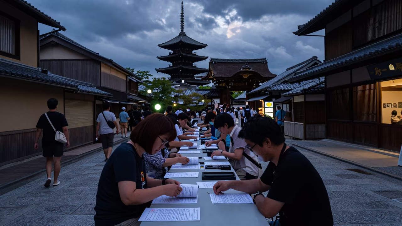 Voters Check Rolls in Neon Light Kyoto in outside a polling station entrance near Kiyomizu, Kyoto