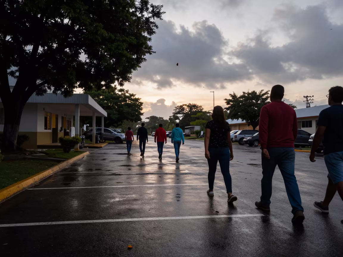 Voters cross parking lot at dawn in Charallave in inside a campaign office near Charallave
