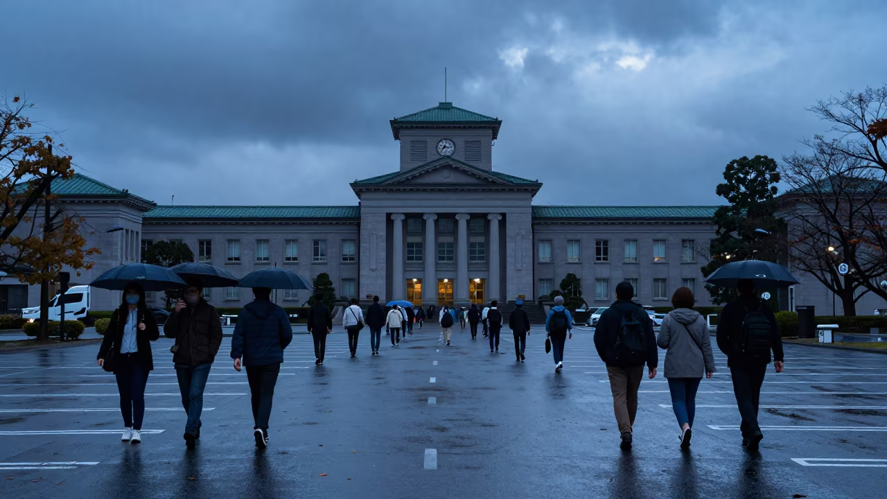 Voters Cross Parking Lot Toward Polling Station in inside a council chamber in Okayama