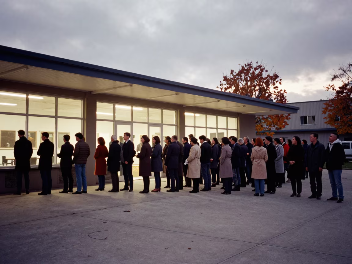 Voters Line at Dawn Outside Xian Town Hall in in a fluorescent town hall meeting room near Xian