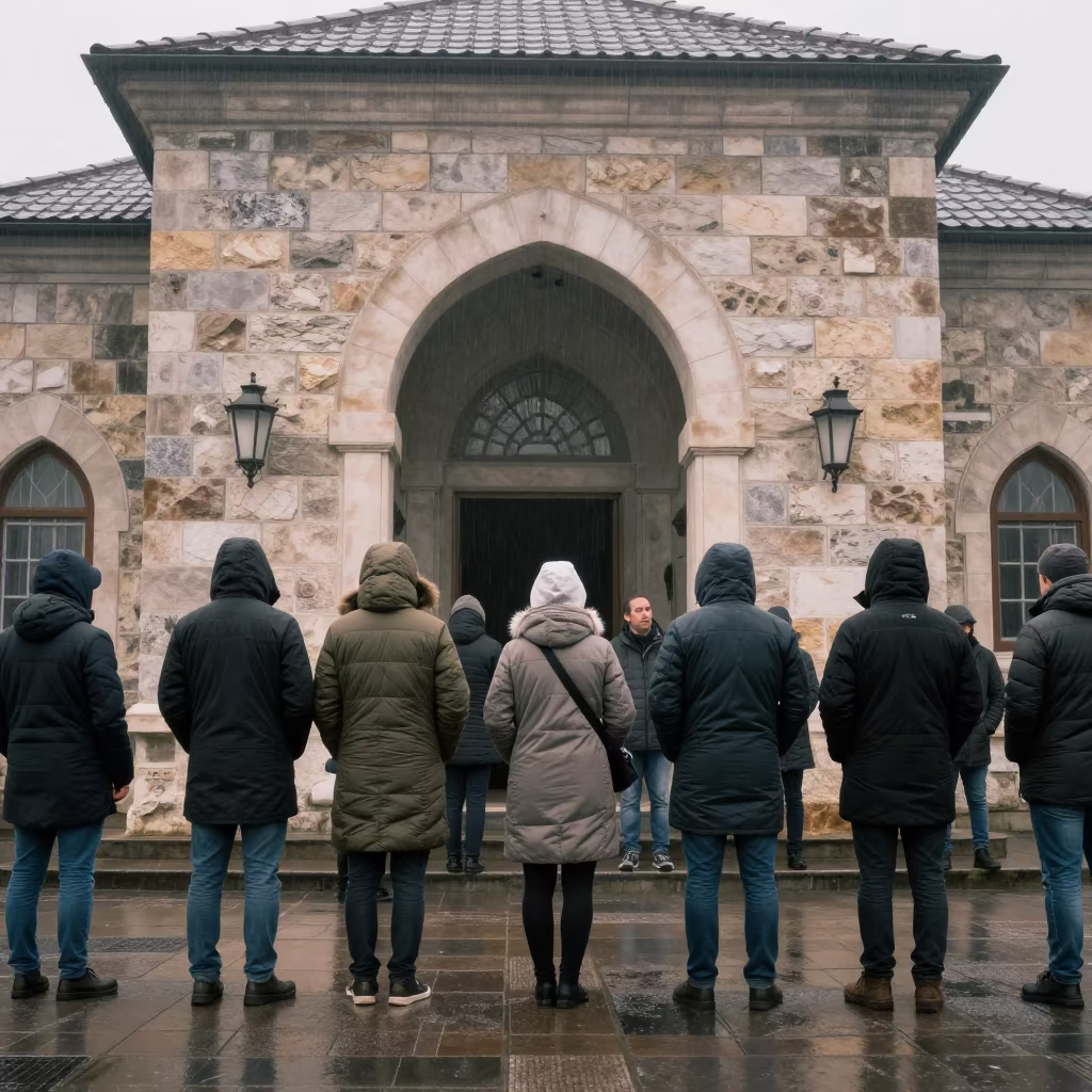 Voters in Parkas Outside Medina Council Chamber at Dawn in inside a council chamber in Medina