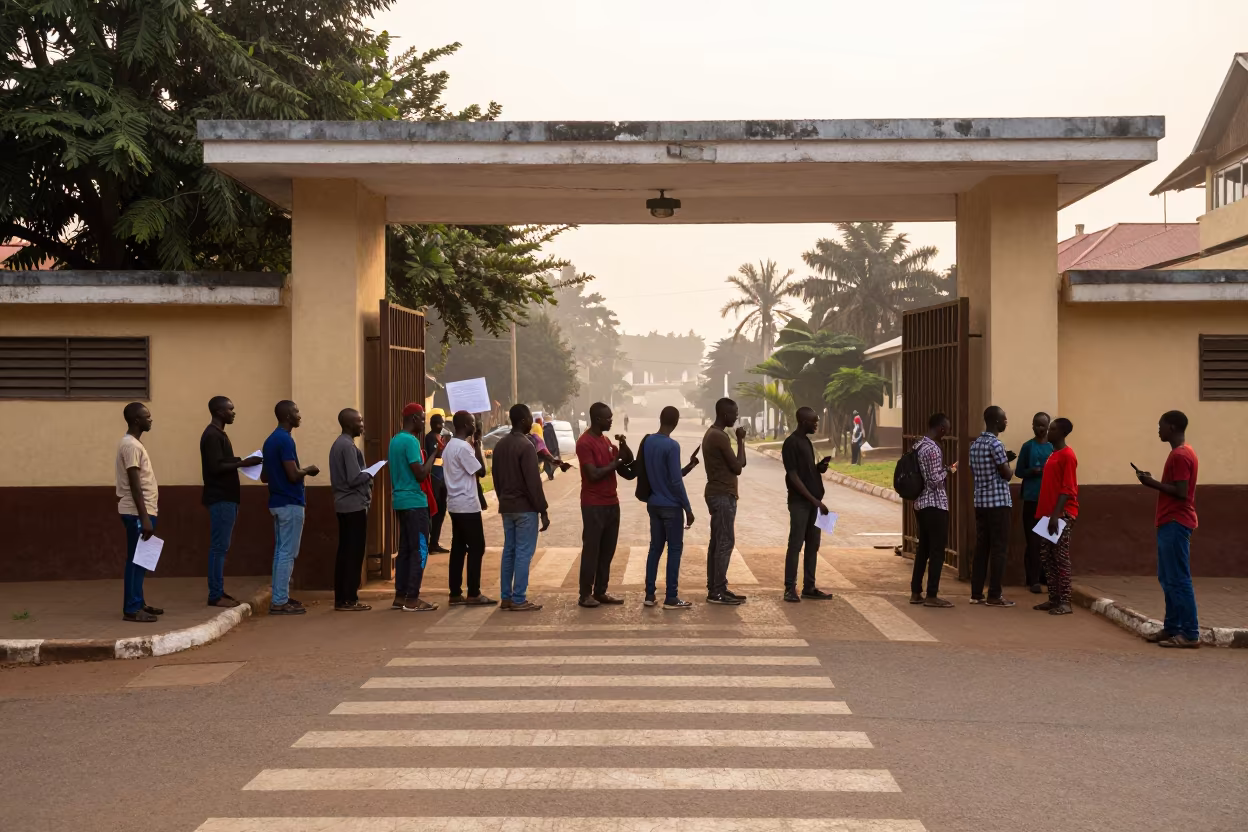 Voters Queue at Dawn Outside Kigali School Gate in at a crosswalk by a school gate near Kigali