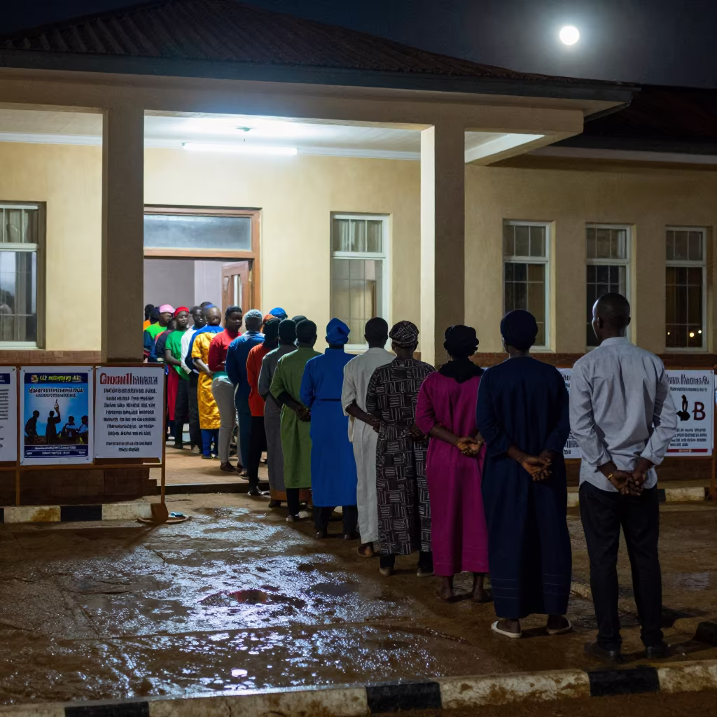 Voters Queue Outside Polling Place After Rain in in a fluorescent town hall meeting room in Tamale