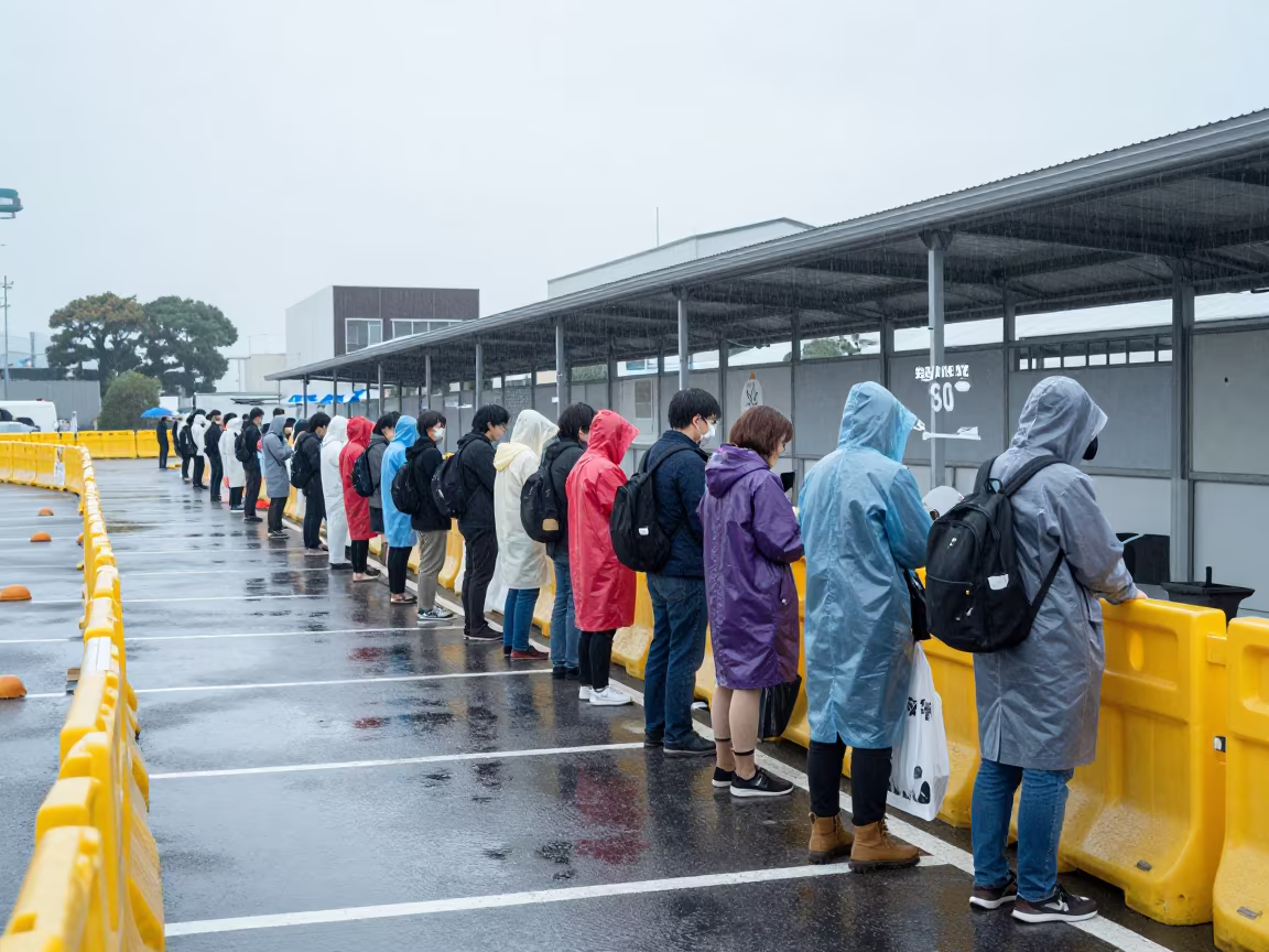 Voters Queuing at Dawn in Yokohama Monsoon in along barricaded protest routes in Yokohama