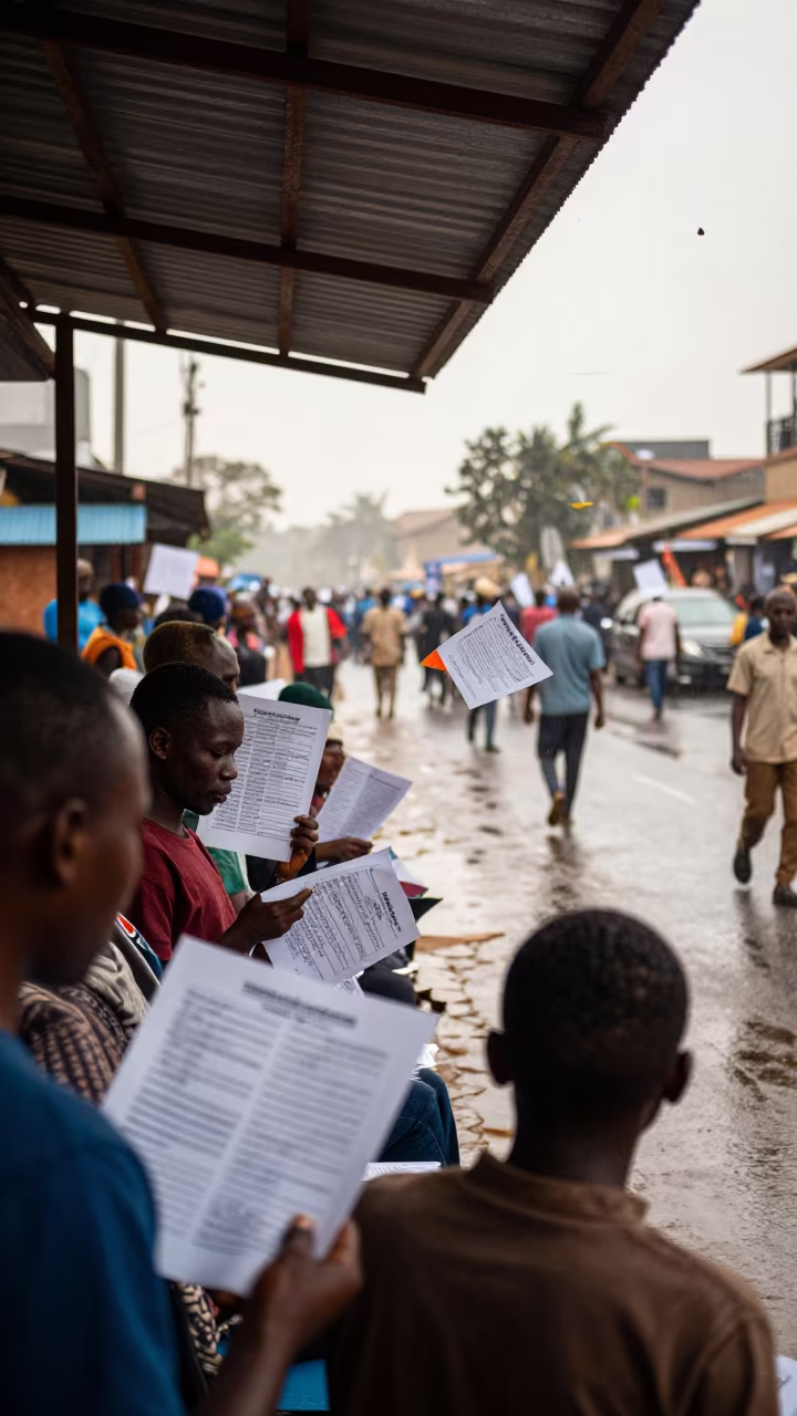 Voters Reading Leaflets Under Awning at Dawn in along barricaded protest routes near Enugu