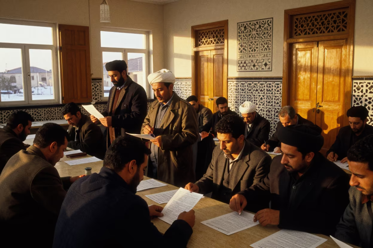Voters Review Ballots Under Golden Sunset Light in inside a council chamber in Basra