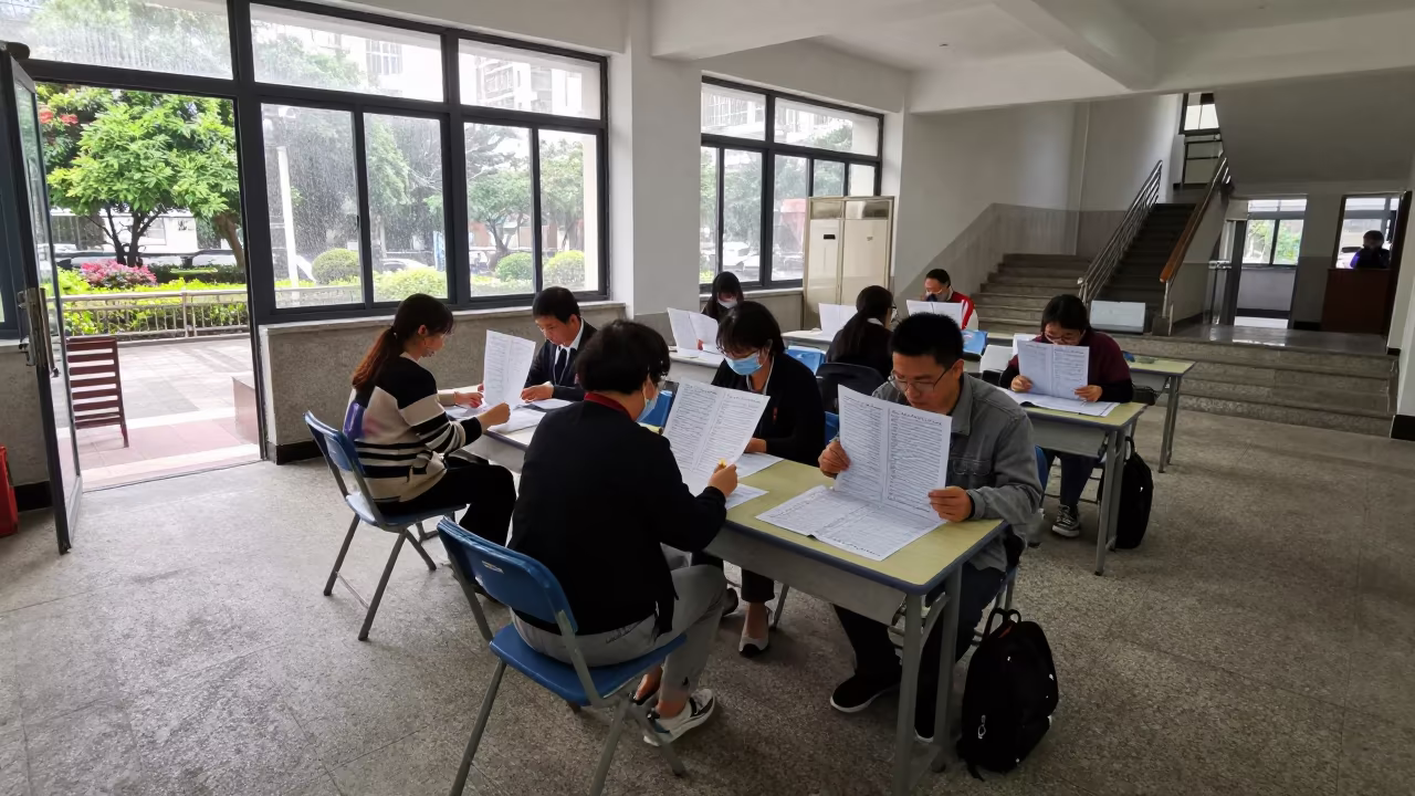 Voters Study Ballots at Courthouse Staircase in in a courthouse corridor near Xiamen