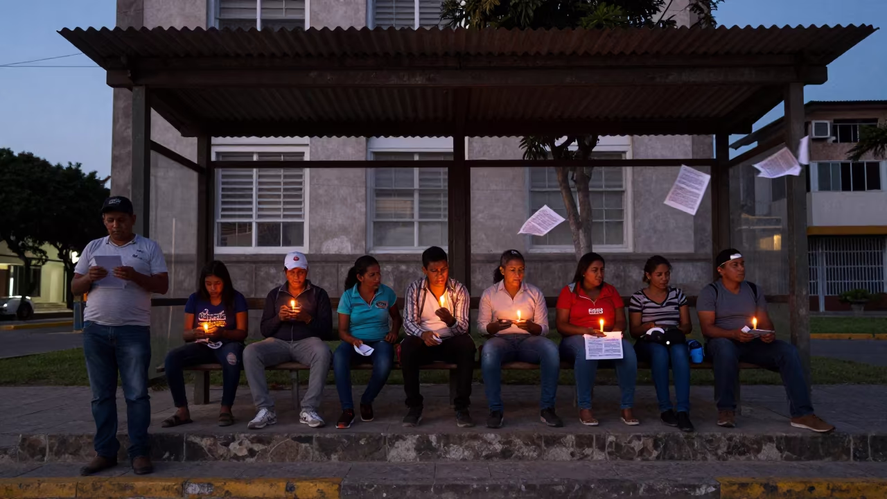 Voters Under Bus Stop Roof at Dawn in on the steps of city hall in Bucaramanga