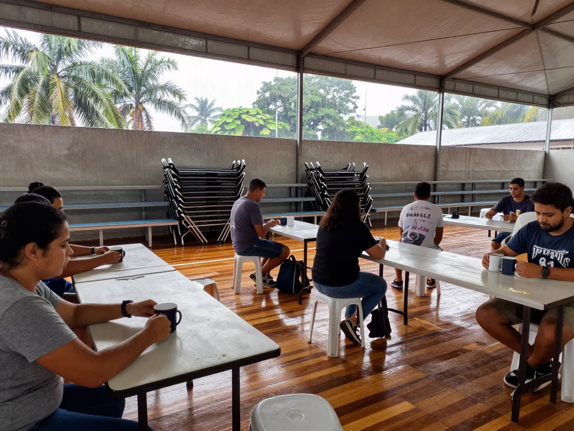 Voters Warm Hands Over Coffee in Campinas Gym in inside a polling station gymnasium in Campinas