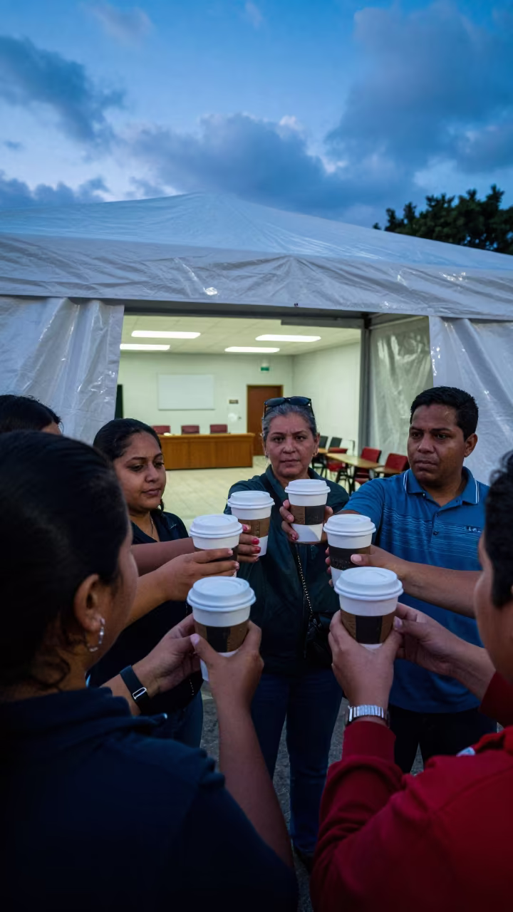 Voters warming hands over coffee in San Cristobal tent in in a fluorescent town hall meeting room in San Cristóbal