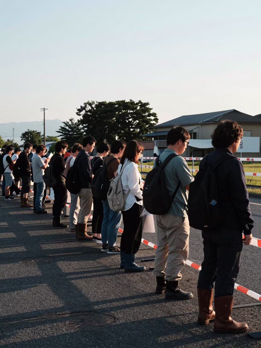Voters in Work Boots Line Up at Dawn in along barricaded protest routes in Chiba