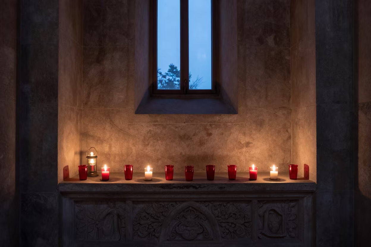Flickering Votive Candles in Red Glass at Bogura Abbey in inside a candlelit abbey nave in Bogura